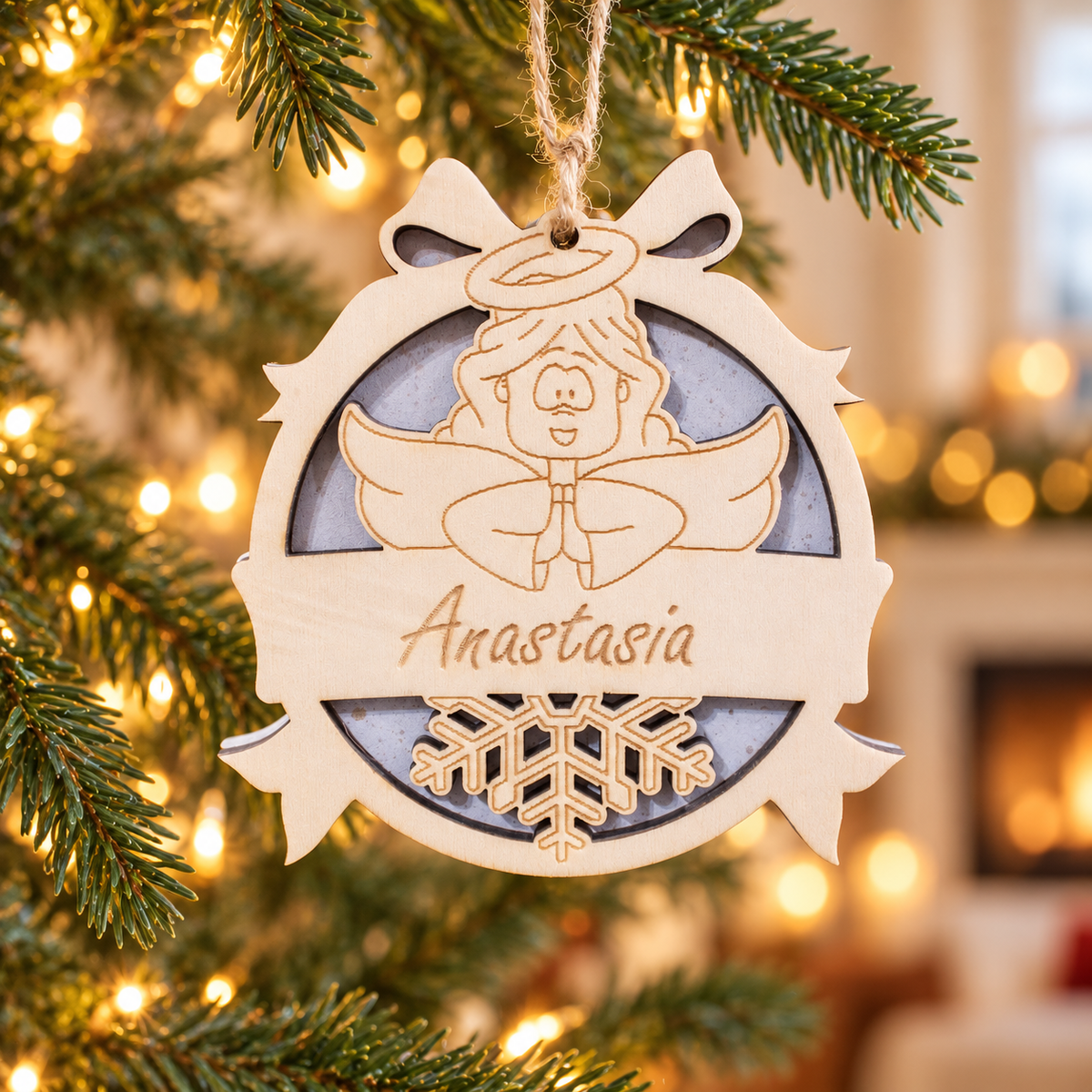 Wooden Christmas Ornaments with Name No.7 in a warm Christmas setting