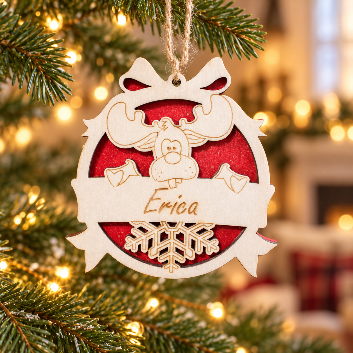 Wooden Christmas Ornaments with Name No.8 in a warm Christmas setting