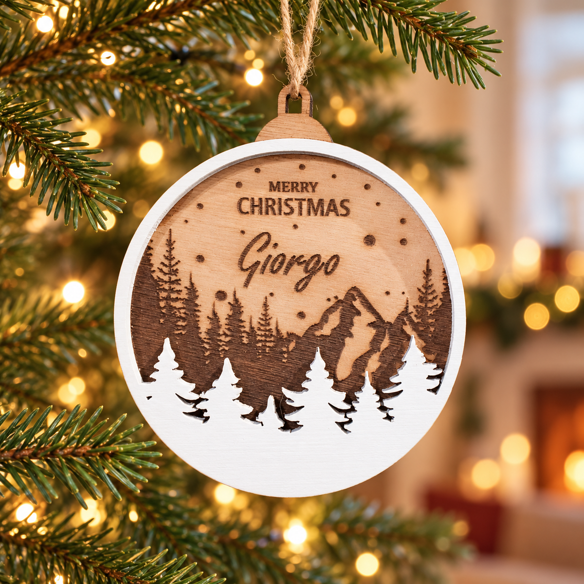 Wooden Christmas Ornaments with Name No.1 in a warm Christmas setting