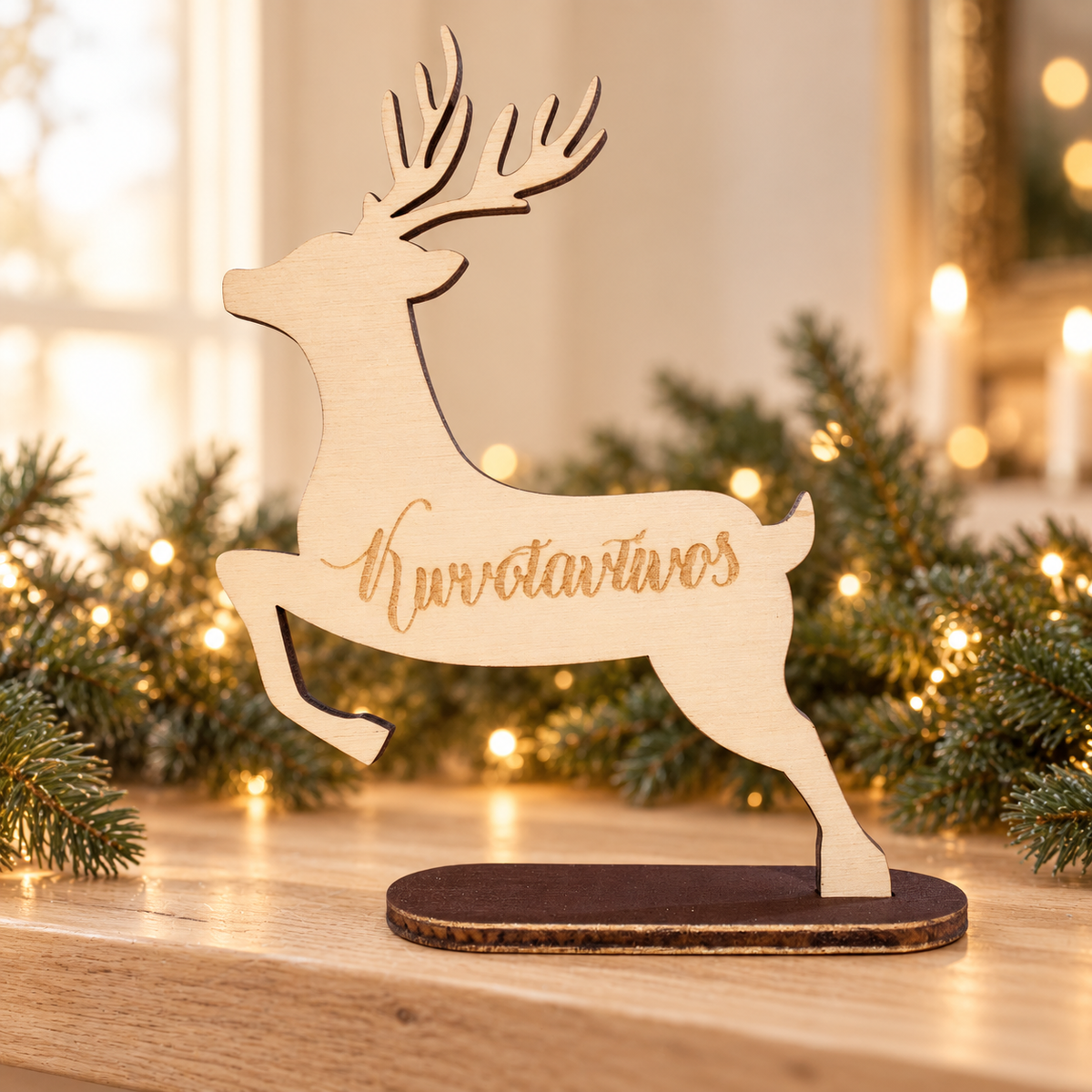 Wooden Christmas Reindeer with Name No.1 in a warm Christmas setting