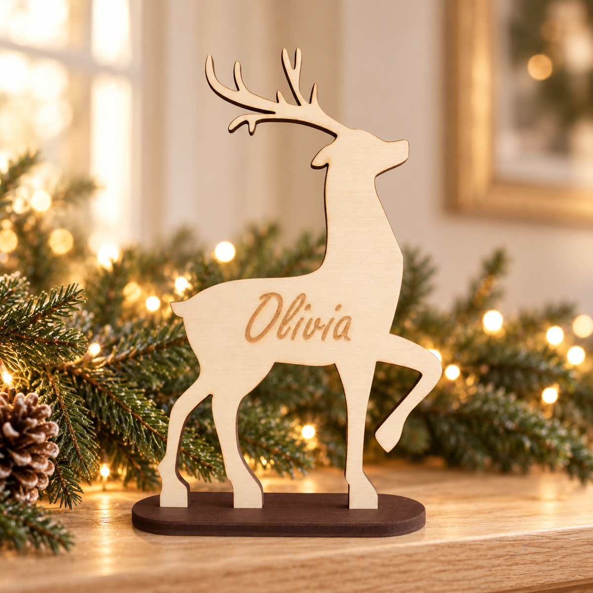 Wooden Christmas Reindeer with Name No.2 in a warm Christmas setting