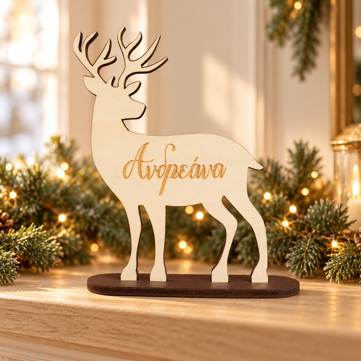Wooden Christmas Reindeer with Name No.3 in a warm Christmas setting