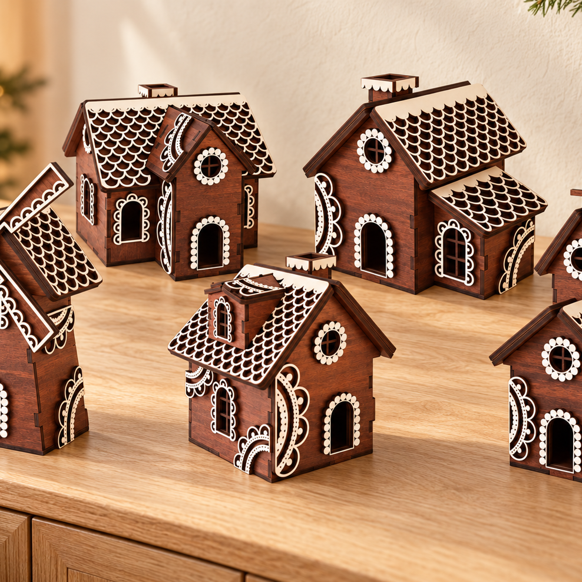 Wooden Gingerbread Christmas Village in a festive Christmas setting