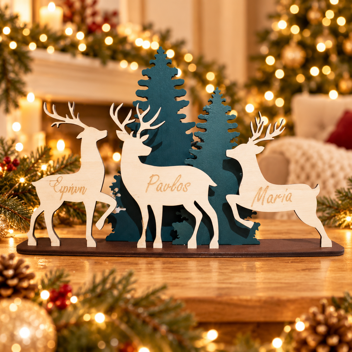 Custom Wooden Set with Trees and Reindeers in a warm Christmas setting