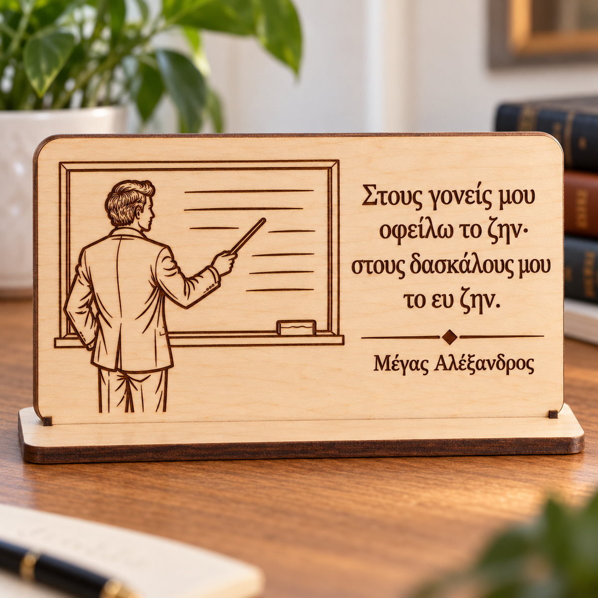 Realistic lifestyle mockup of wooden engraved Greek teacher appreciation plaque made from 4mm plywood with matching stand