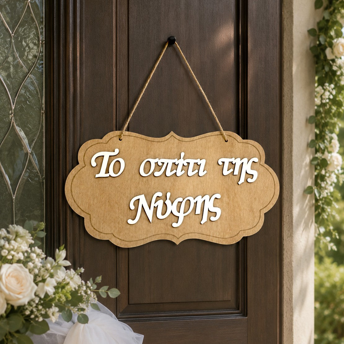 Wooderland 3D wooden sign for the bride's house with white layered lettering on a brown base, hanging on a dark door.