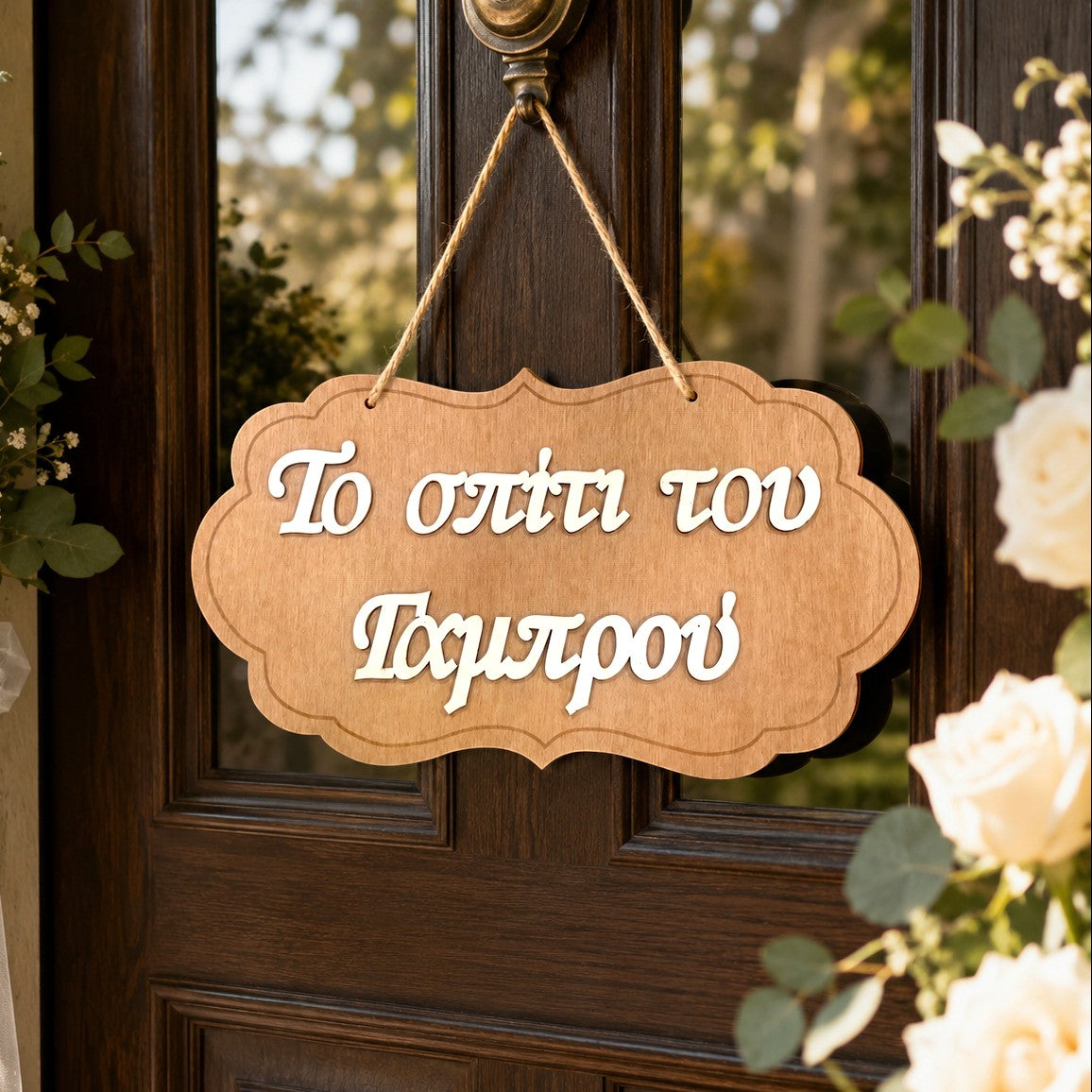 Wooderland 3D wooden sign with white laser-cut Greek lettering hanging on a dark wood door with white roses.