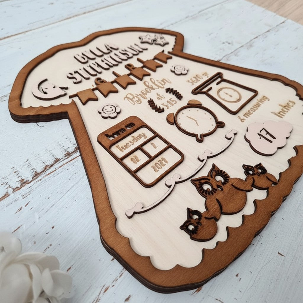 Wooderland personalized wooden baby girl birth announcement sign with engraved owl illustrations and birth details.