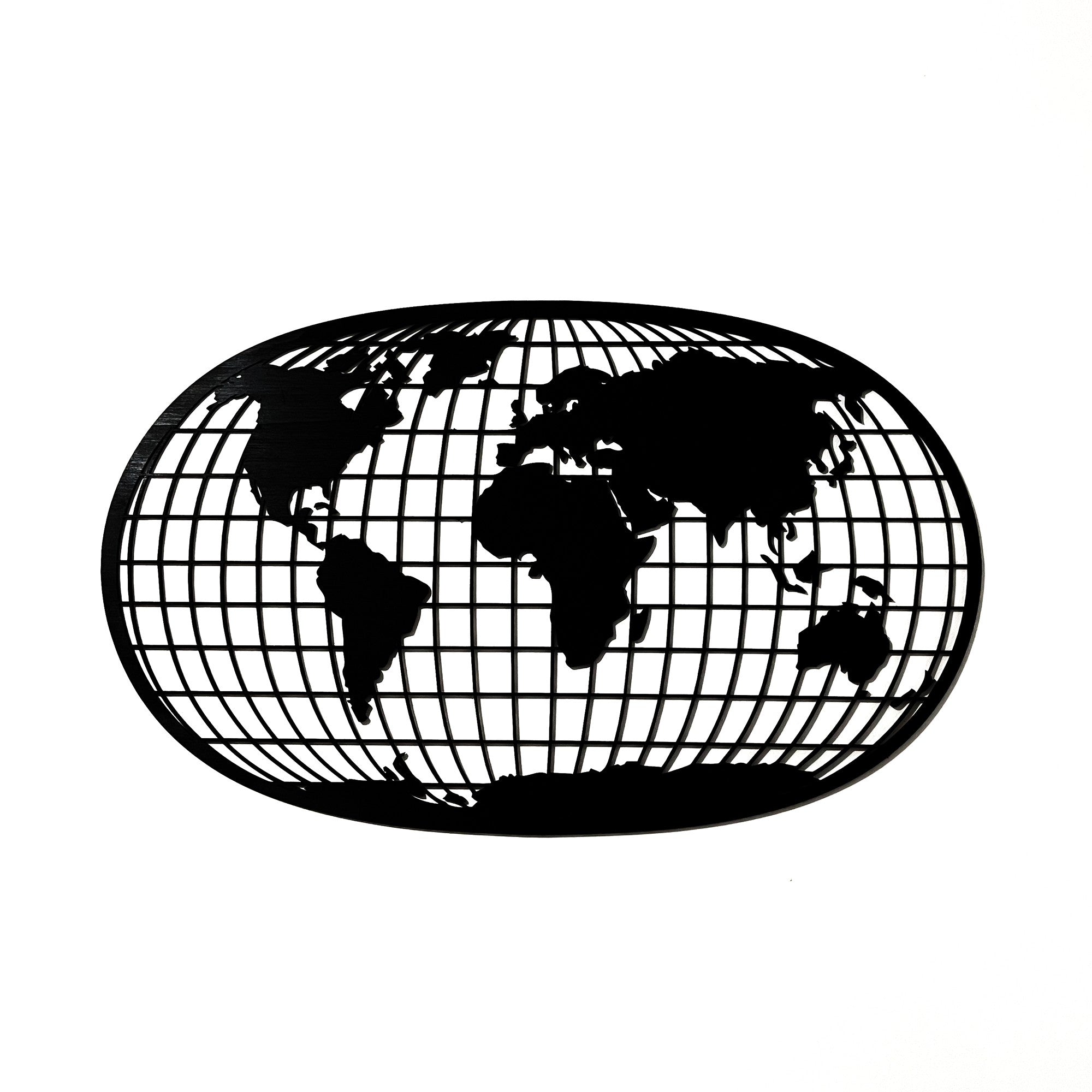 Wooderland black wooden world map wall art with a grid design on a white background