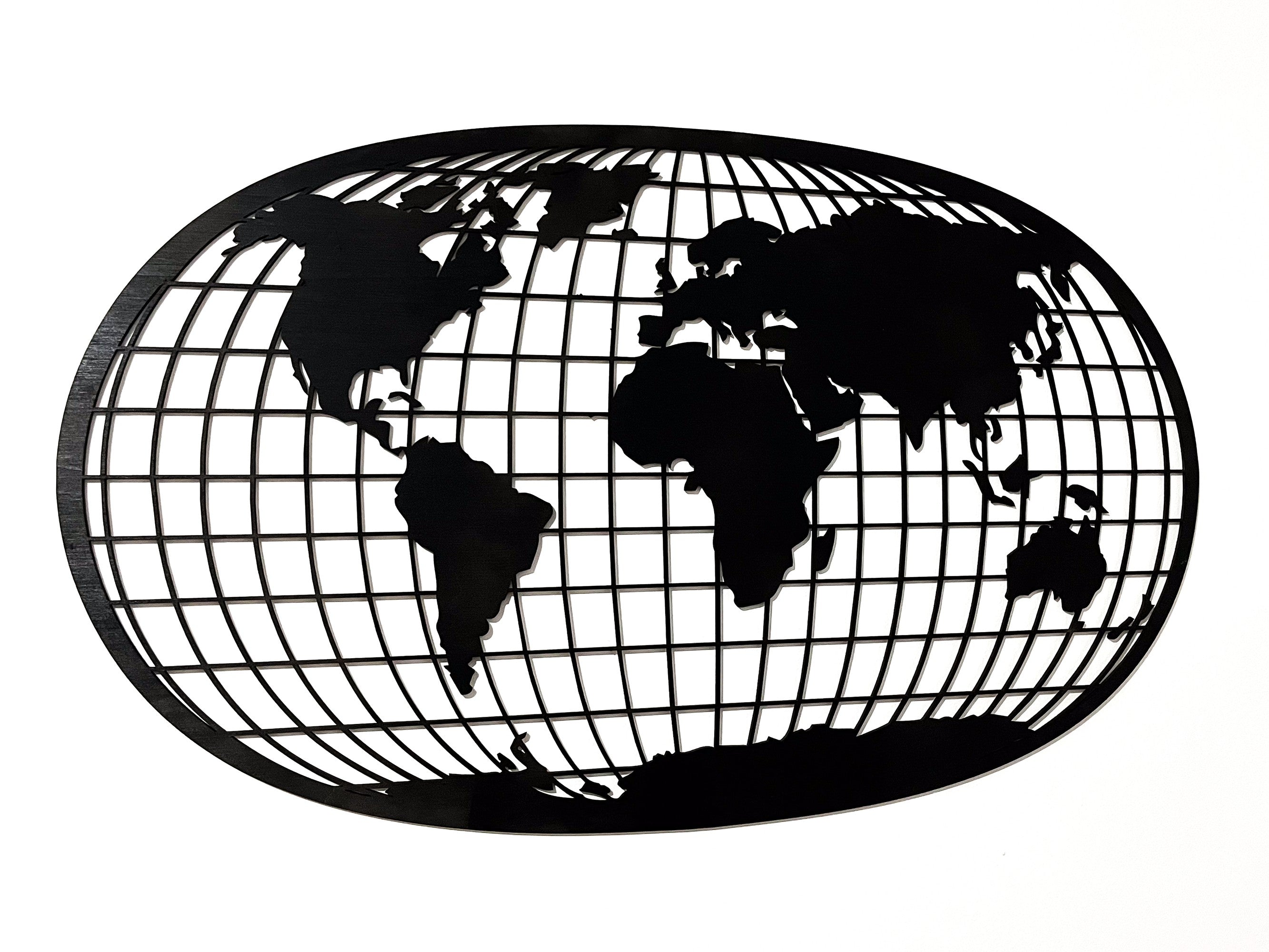 Wooderland black wooden world map wall art with a rustic oval grid design for home or office decor.
