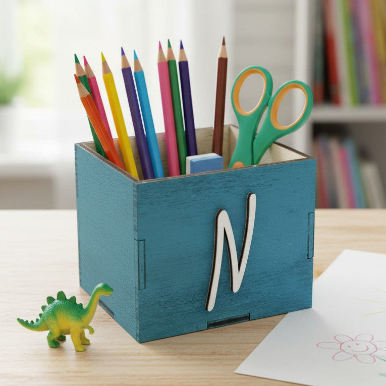 Wooderland light blue wooden keepsake box with white letter N, holding colored pencils and scissors on a desk.