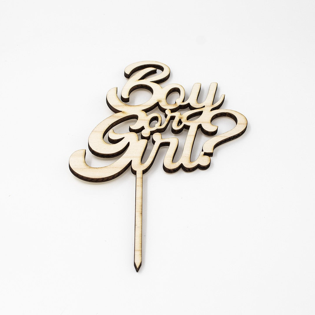 Wooderland laser-cut wooden Boy or Girl cake topper for gender reveal parties with elegant cursive lettering.
