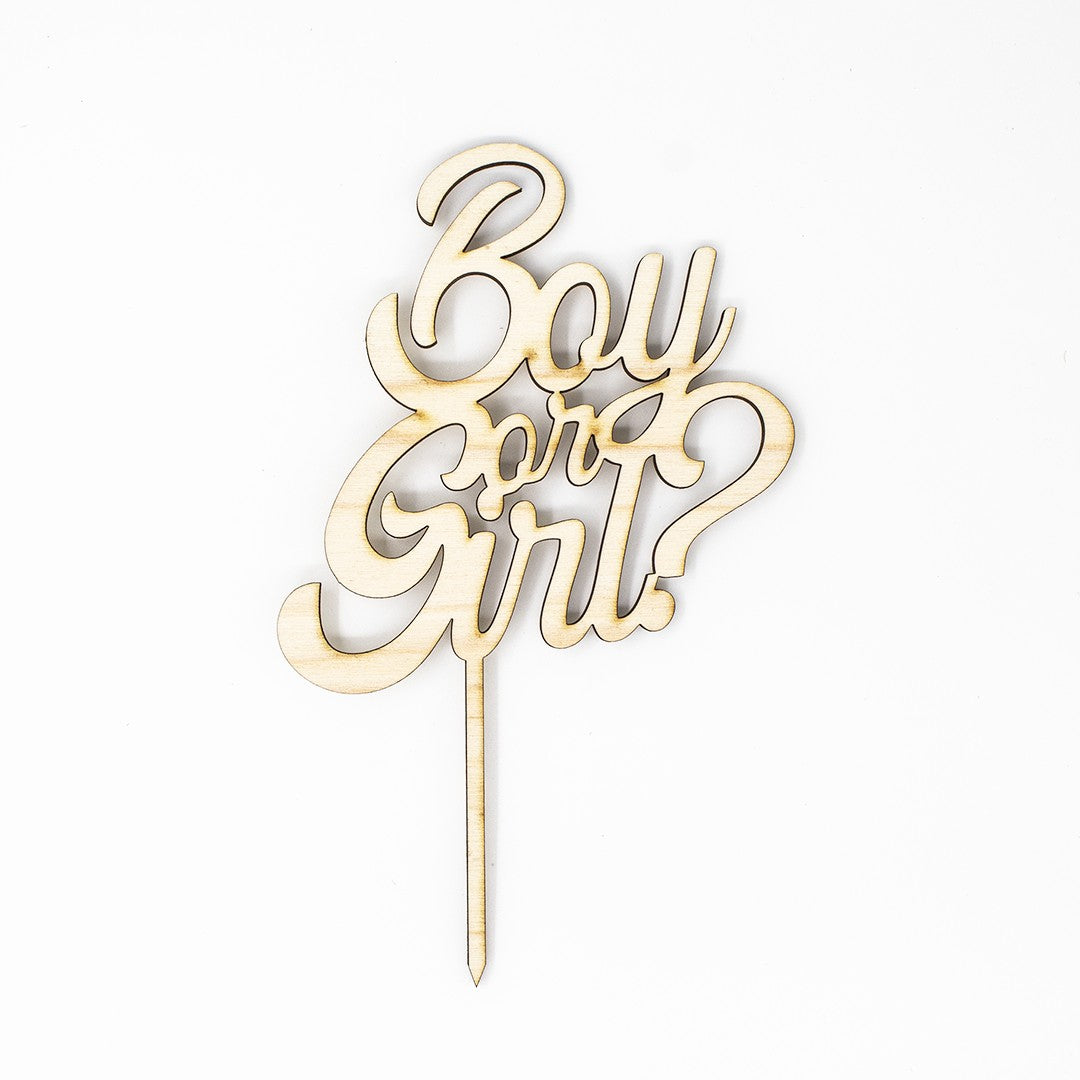 Wooderland laser-cut wooden cake topper with Boy or Girl? text for gender reveal party decorations