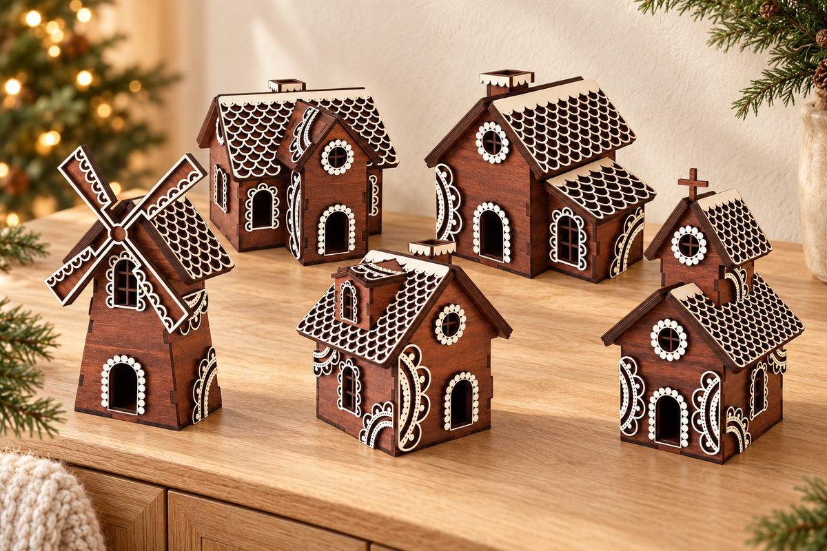 Wooden Gingerbread Christmas Village in a festive Christmas setting