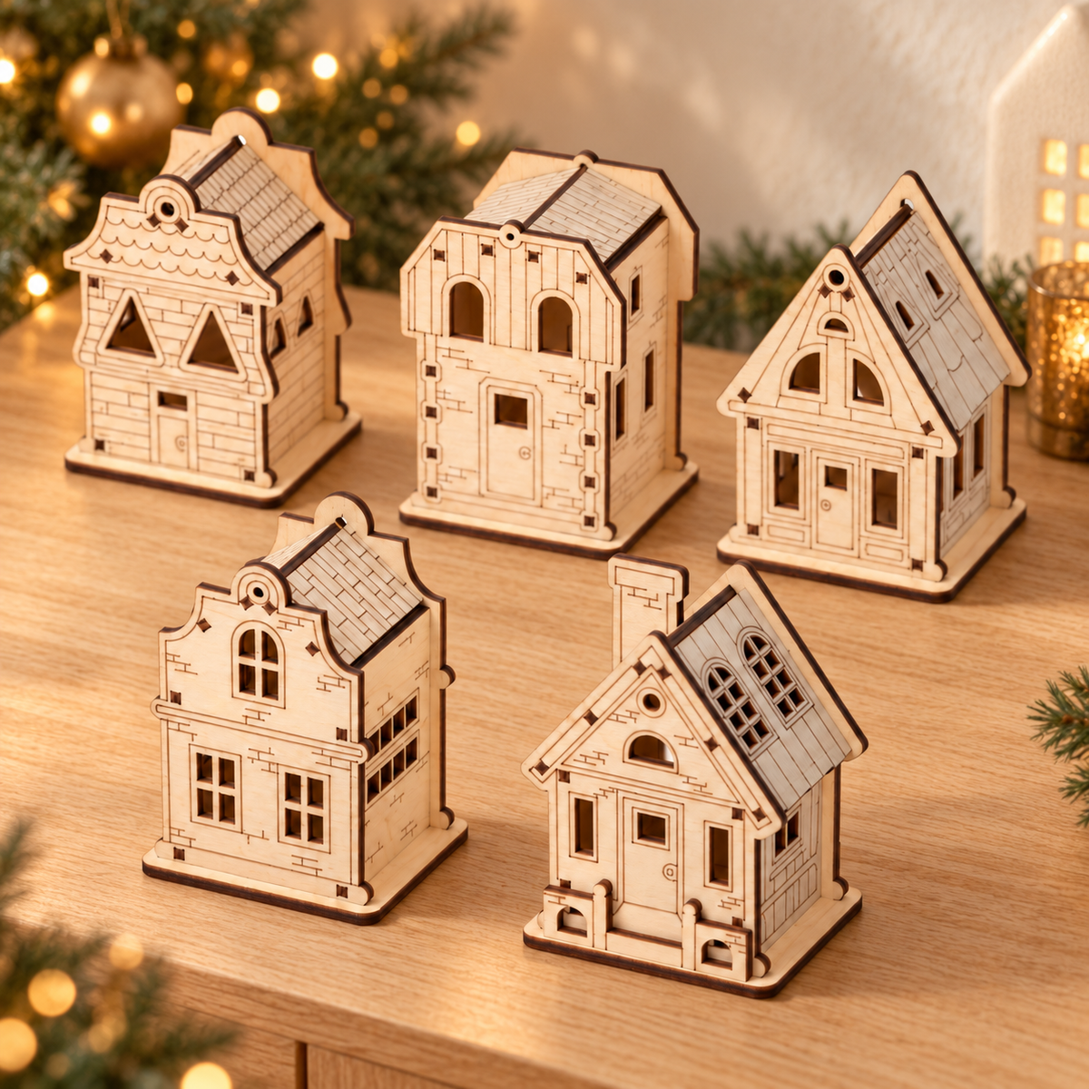 Mini Wooden Christmas Village in a festive Christmas setting