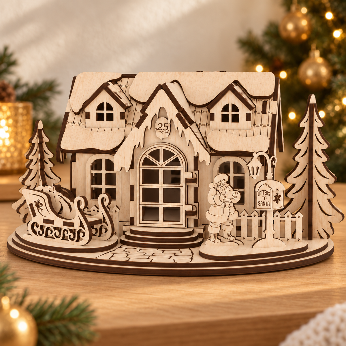 Santa's Wooden Christmas House in a festive Christmas setting