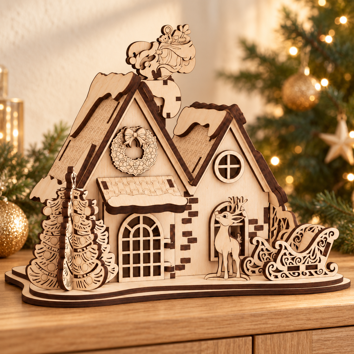 Santa & Reindeer Wooden Christmas Cottage in a festive Christmas setting
