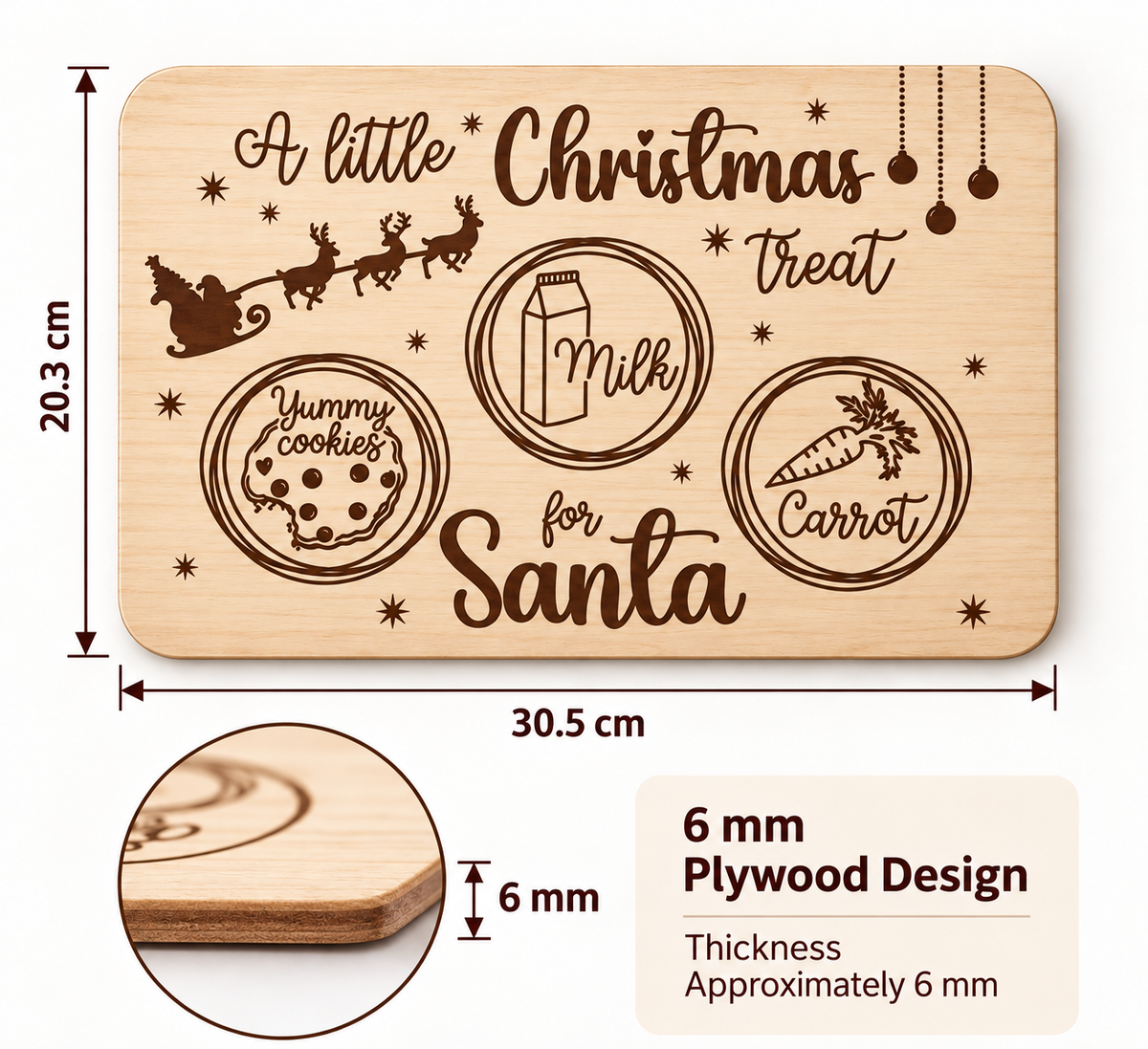 Christmas treat tray dimensions 30.5 by 20.3 cm and 6 mm plywood thickness