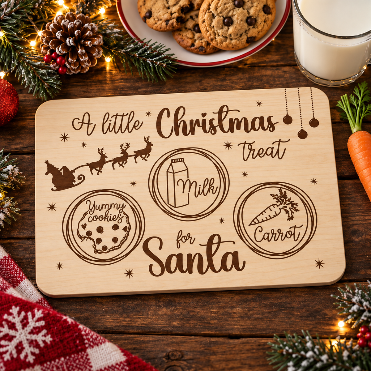 Wooden Christmas treat tray for Santa with spaces for cookies milk and carrot