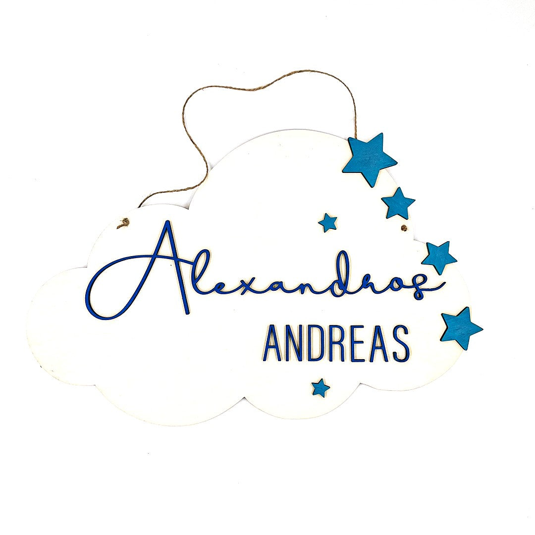 Wooderland cloud-shaped wooden bedroom door sign with blue 3D lettering and star accents on a white background