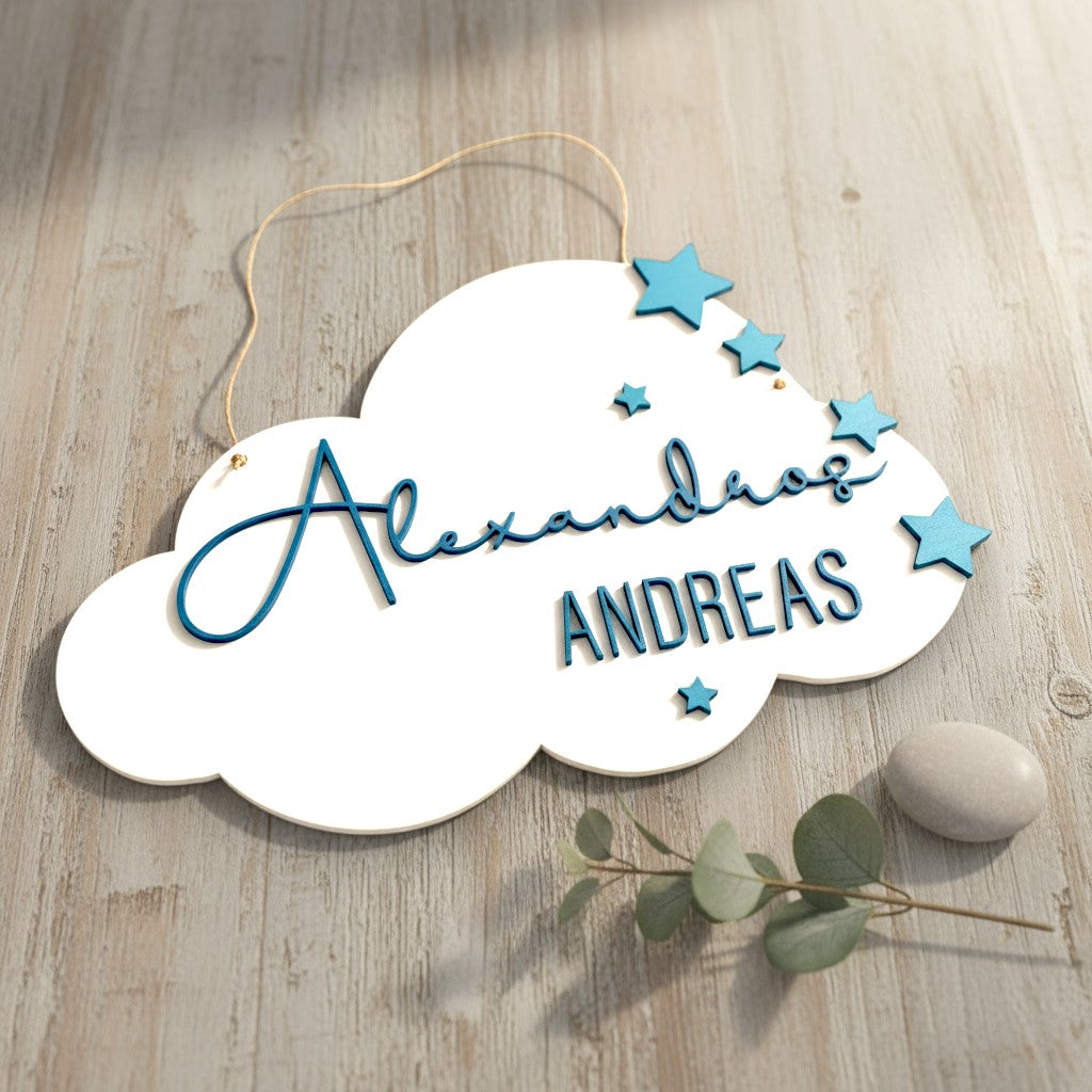 Wooderland cloud-shaped wooden bedroom door sign with 3D blue lettering and star accents on a rustic wooden surface.
