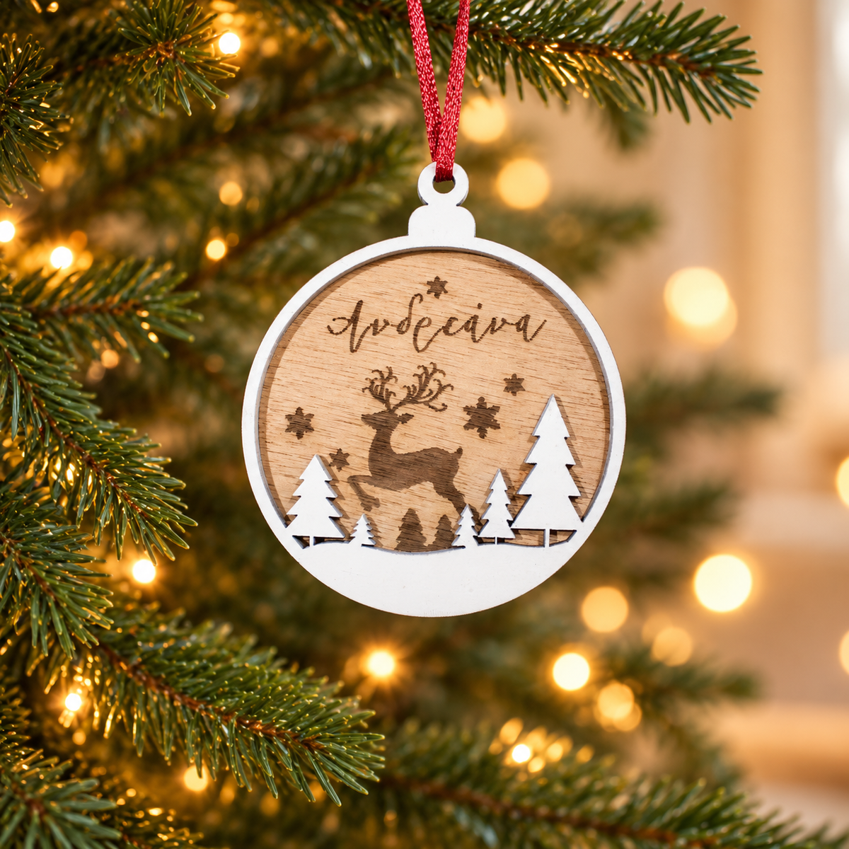 Custom Christmas Ornament in a warm Christmas setting