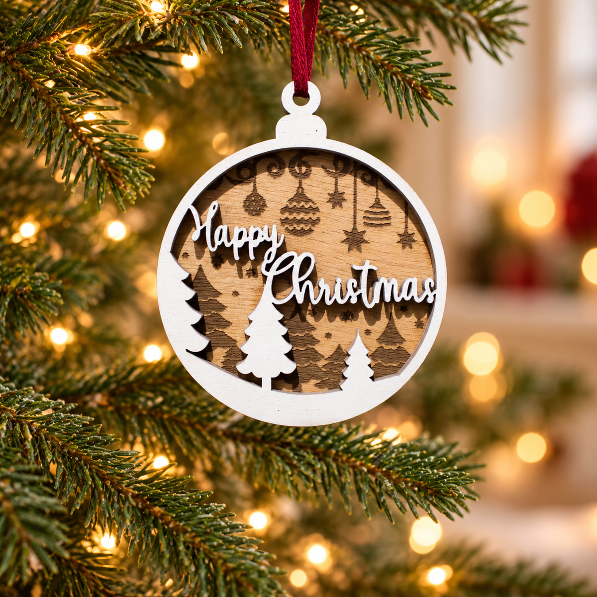 Custom Christmas Ornament in a warm Christmas setting