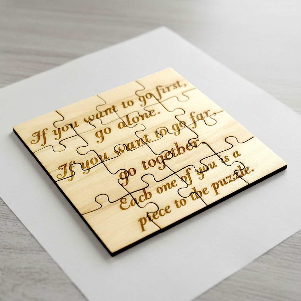 Wooderland custom wooden puzzle featuring an engraved inspirational quote on smooth, light-toned wood pieces.