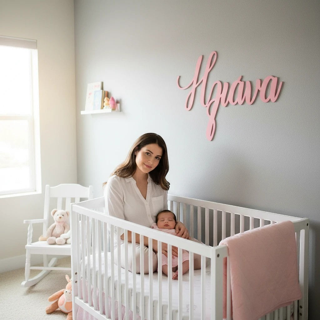 Wooderland custom pink laser-cut wooden name sign displayed on a nursery wall above a mother holding her baby in a crib