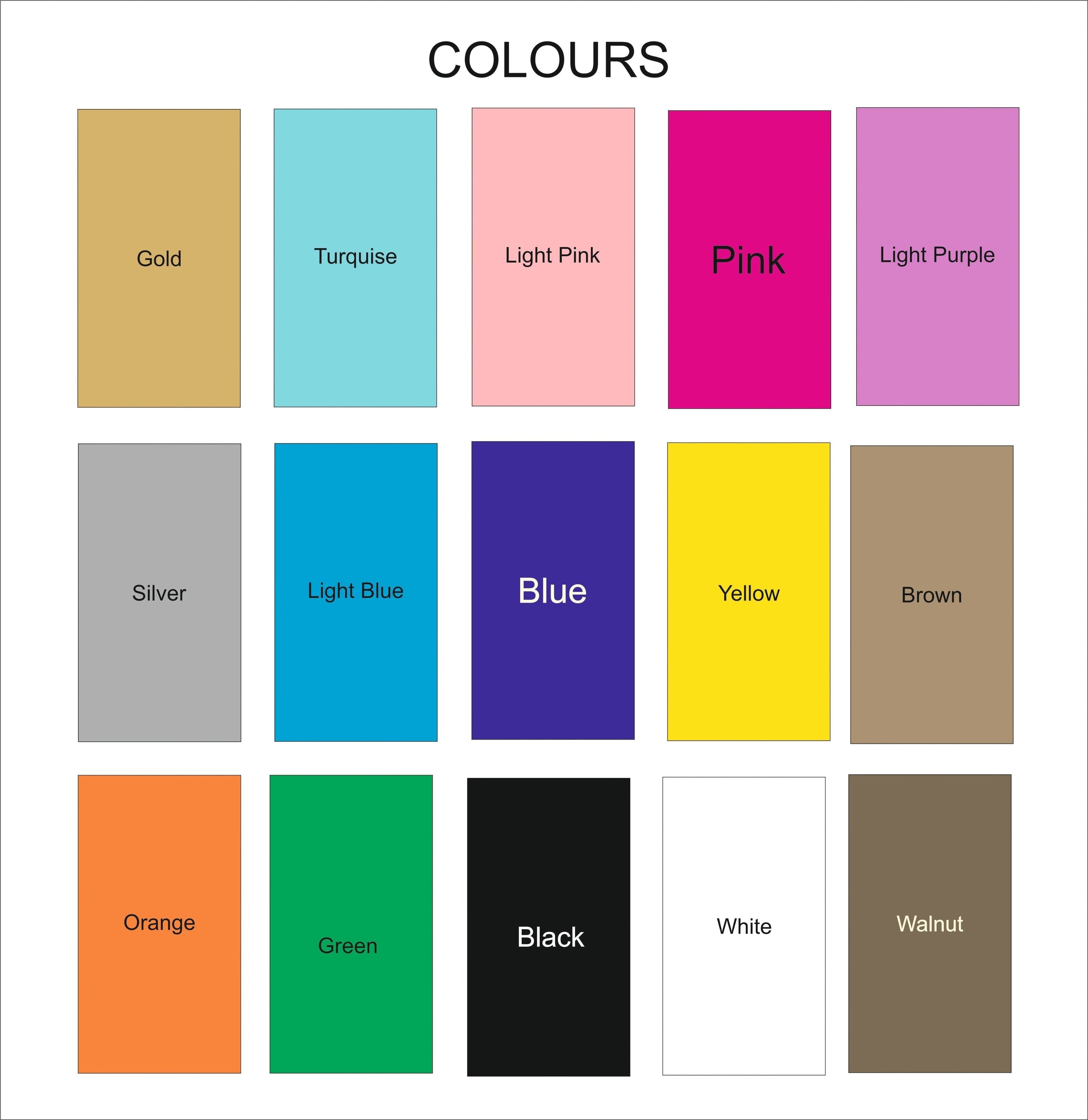 Wooderland colour chart showing various paint options for custom laser-cut wooden name signs for events
