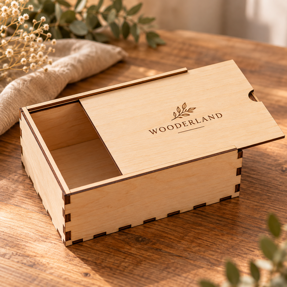 Custom sliding-lid wooden box handmade by Wooderland in Cyprus