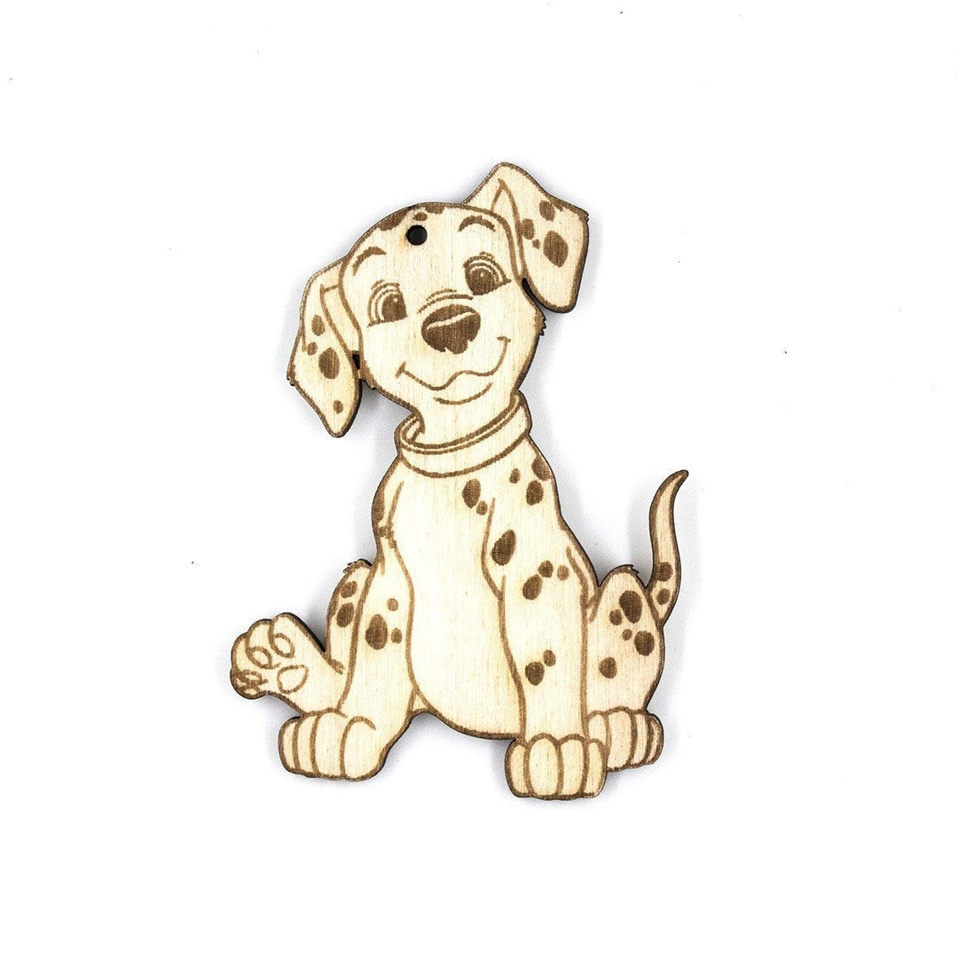 Wooderland custom laser-cut plywood dalmatian puppy figure with engraved details for party favors or decor.