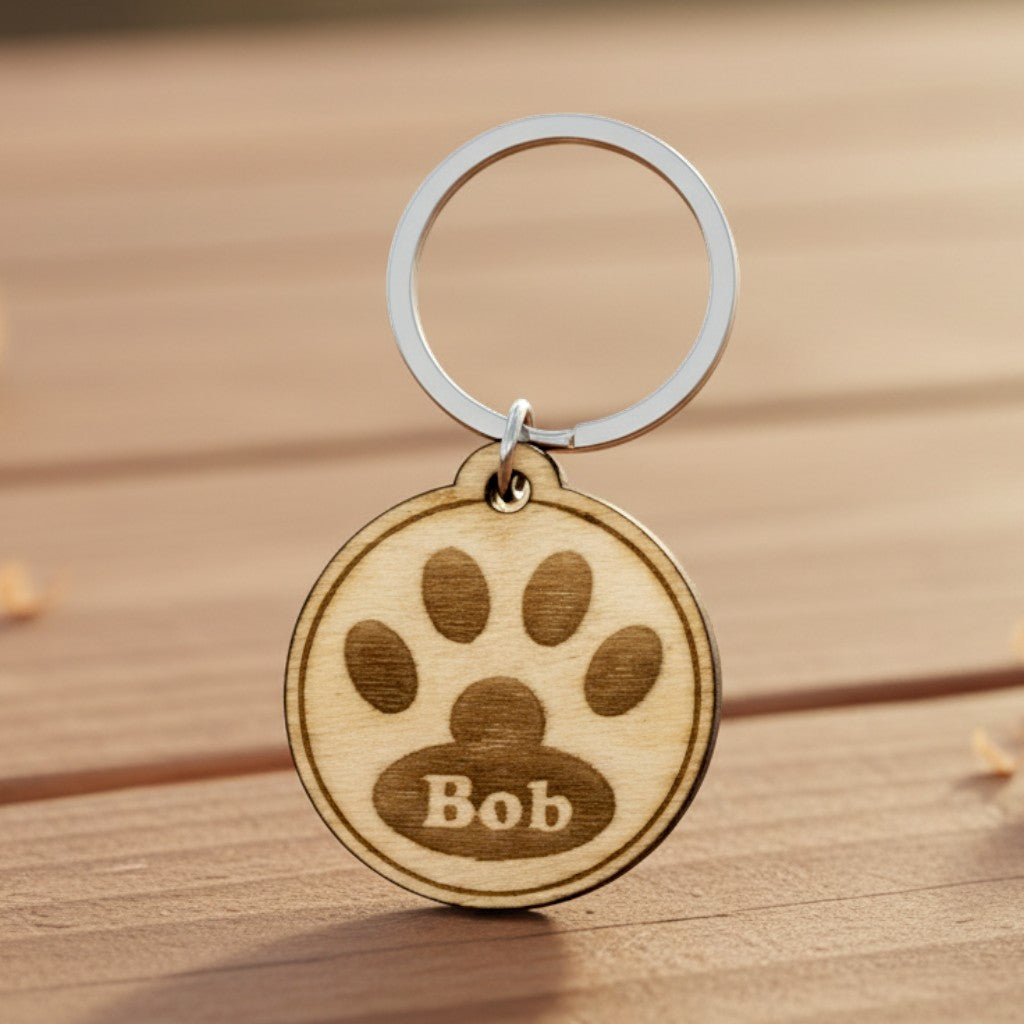 Wooderland custom wooden dog tag with engraved paw print and name Bob on a wooden surface