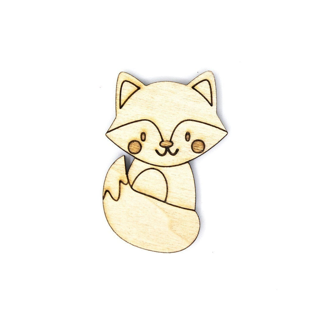Wooderland custom laser-cut plywood fox figure with engraved details, ideal for party favors or nursery decor.