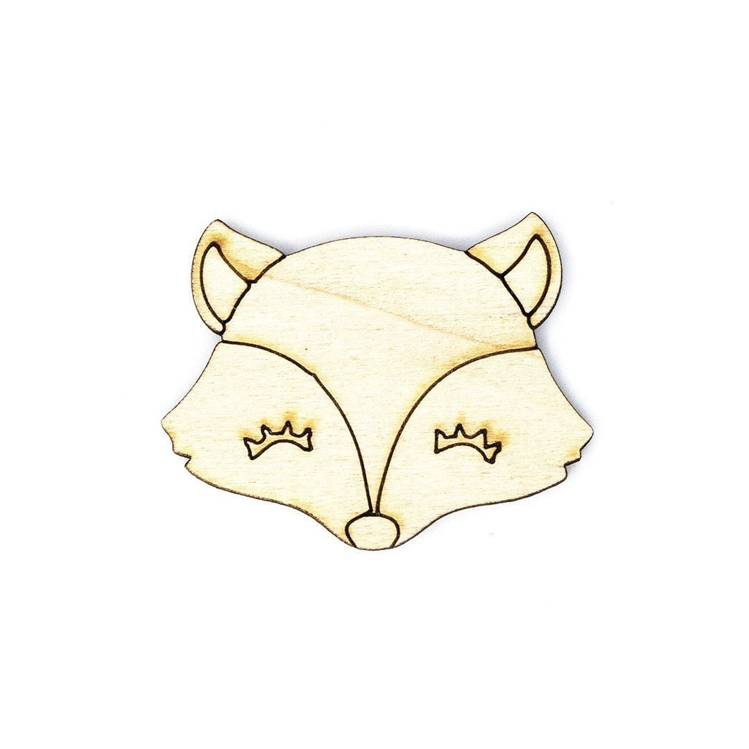 Wooderland custom laser-cut plywood fox face figure with sleeping eyes, perfect for party favors or nursery decor.