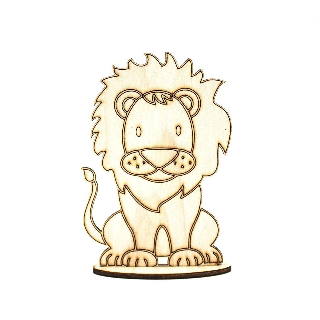 Wooderland custom laser-cut wooden lion figure on a round base, made from premium plywood for party favors.