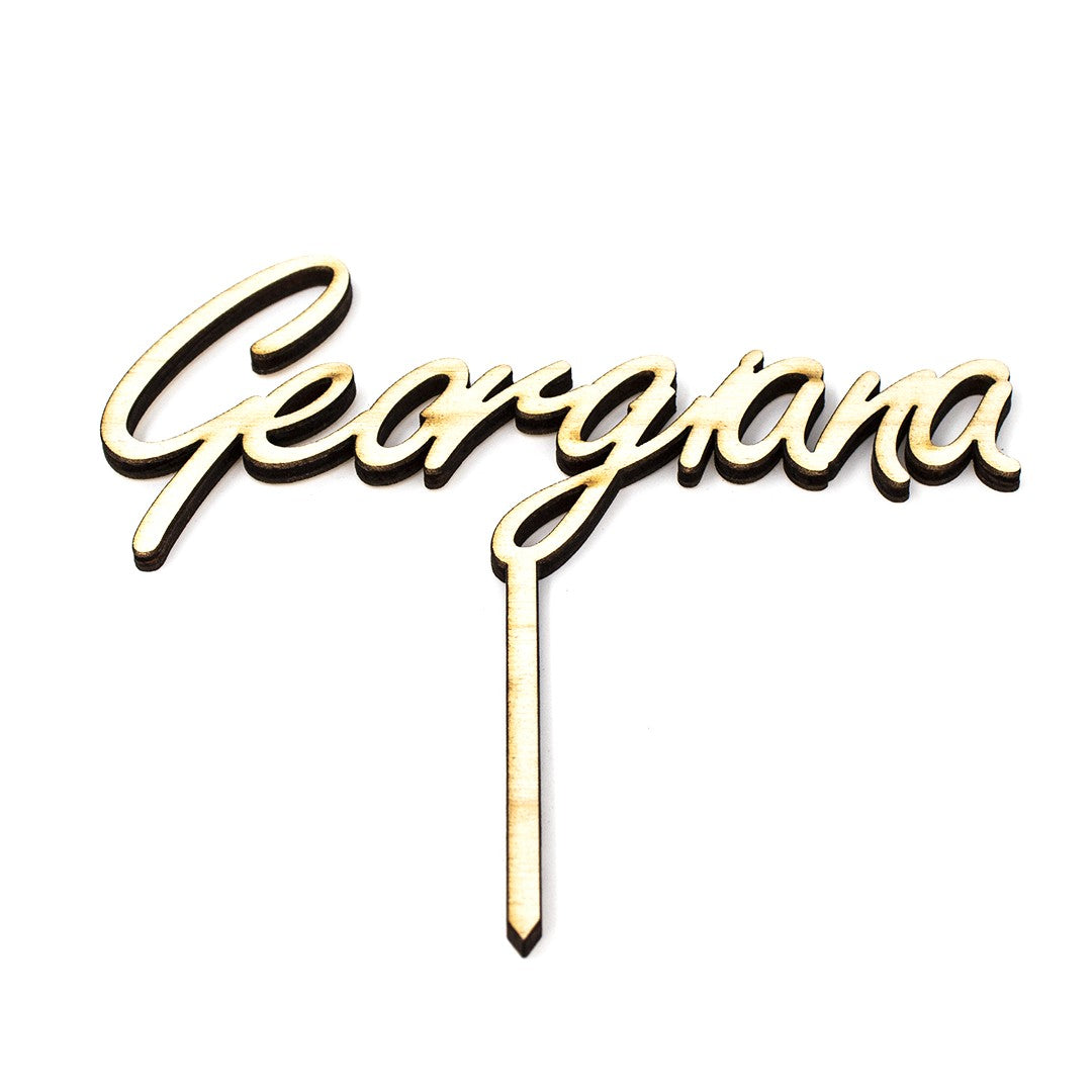 Wooderland custom laser-cut wooden cake topper with elegant cursive name script for celebrations