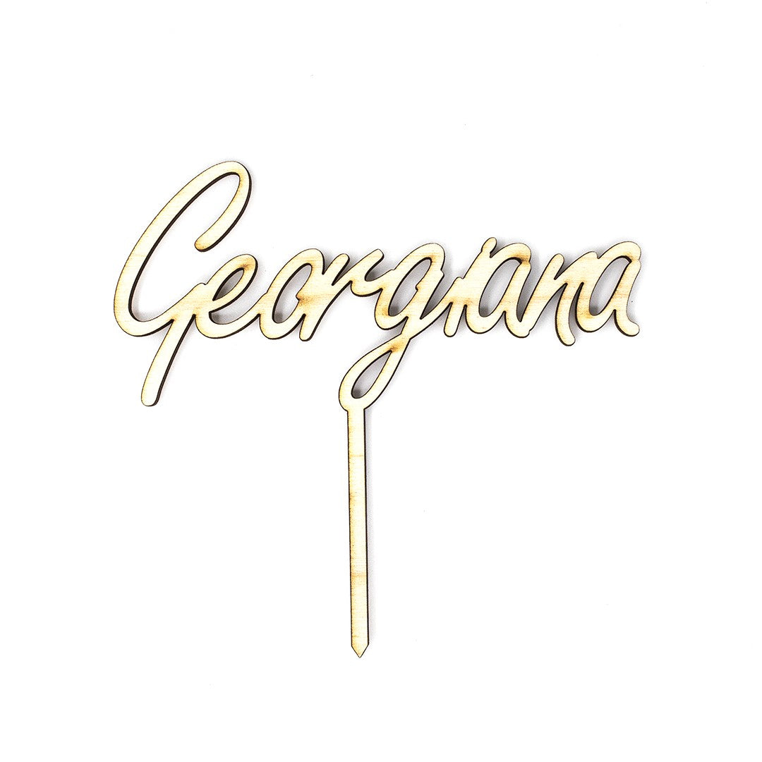 Wooderland custom laser-cut wooden cake topper with elegant cursive name script for celebrations
