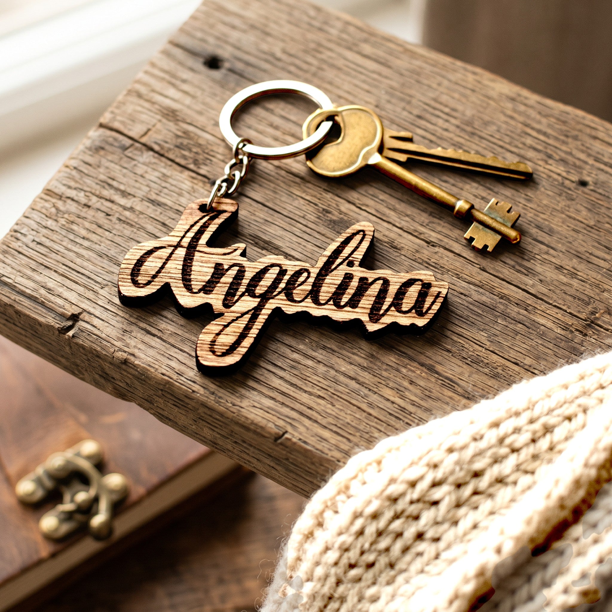 Wooderland custom laser-engraved wooden name keyring with metal ring on a rustic wooden surface