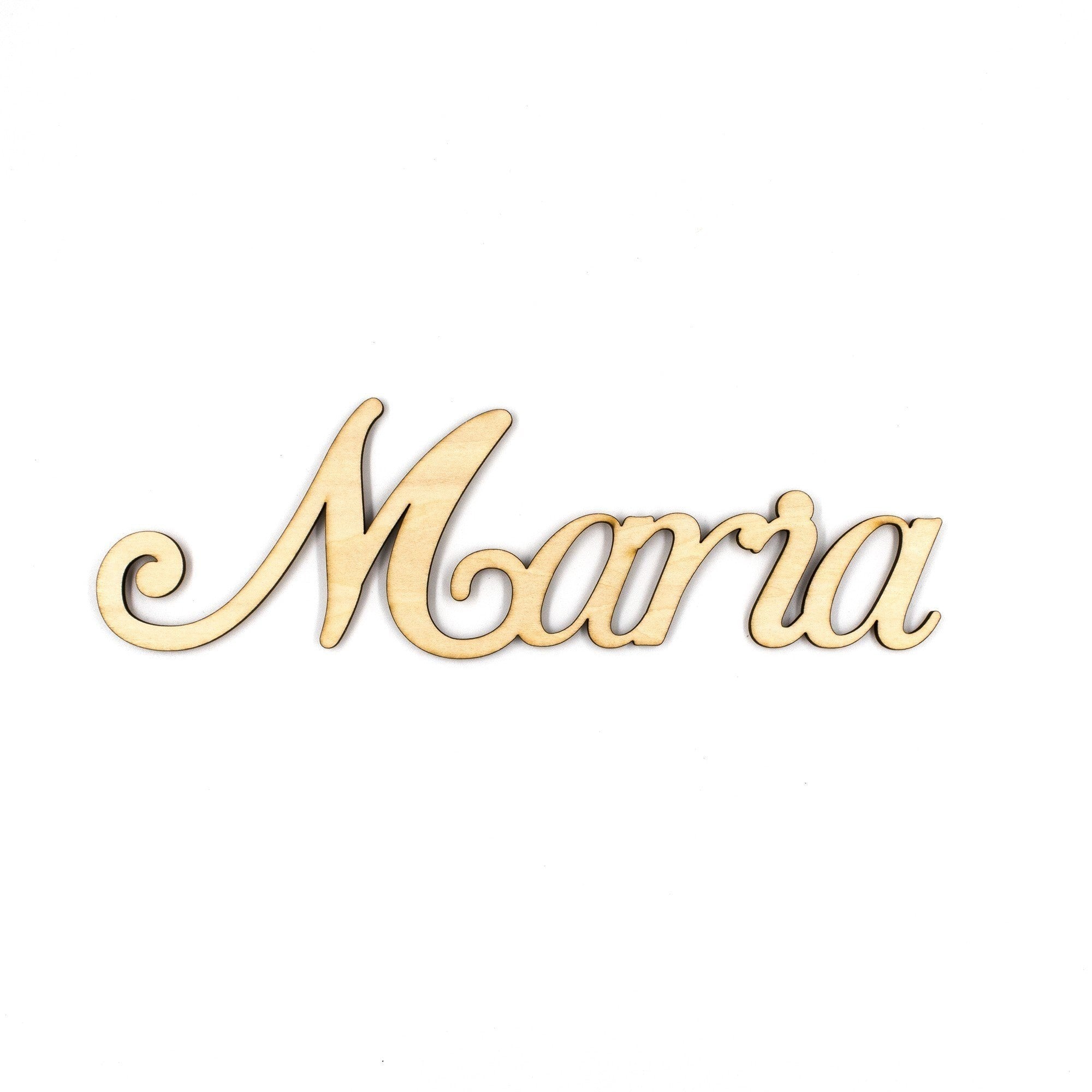 Wooderland custom laser-cut wooden name sign in raw plywood finish with elegant cursive script for baby events