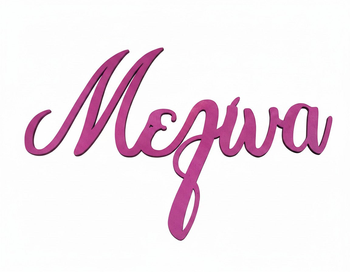 Wooderland custom laser-cut wooden name sign in vibrant magenta script font for christenings and baby events