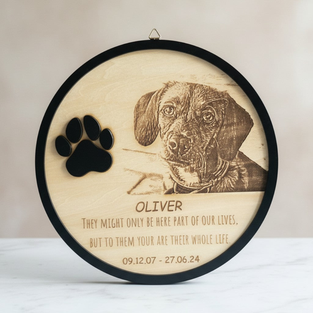 Wooderland circular wooden pet memorial plaque with custom dog photo engraving, name, dates, and black paw print icon.