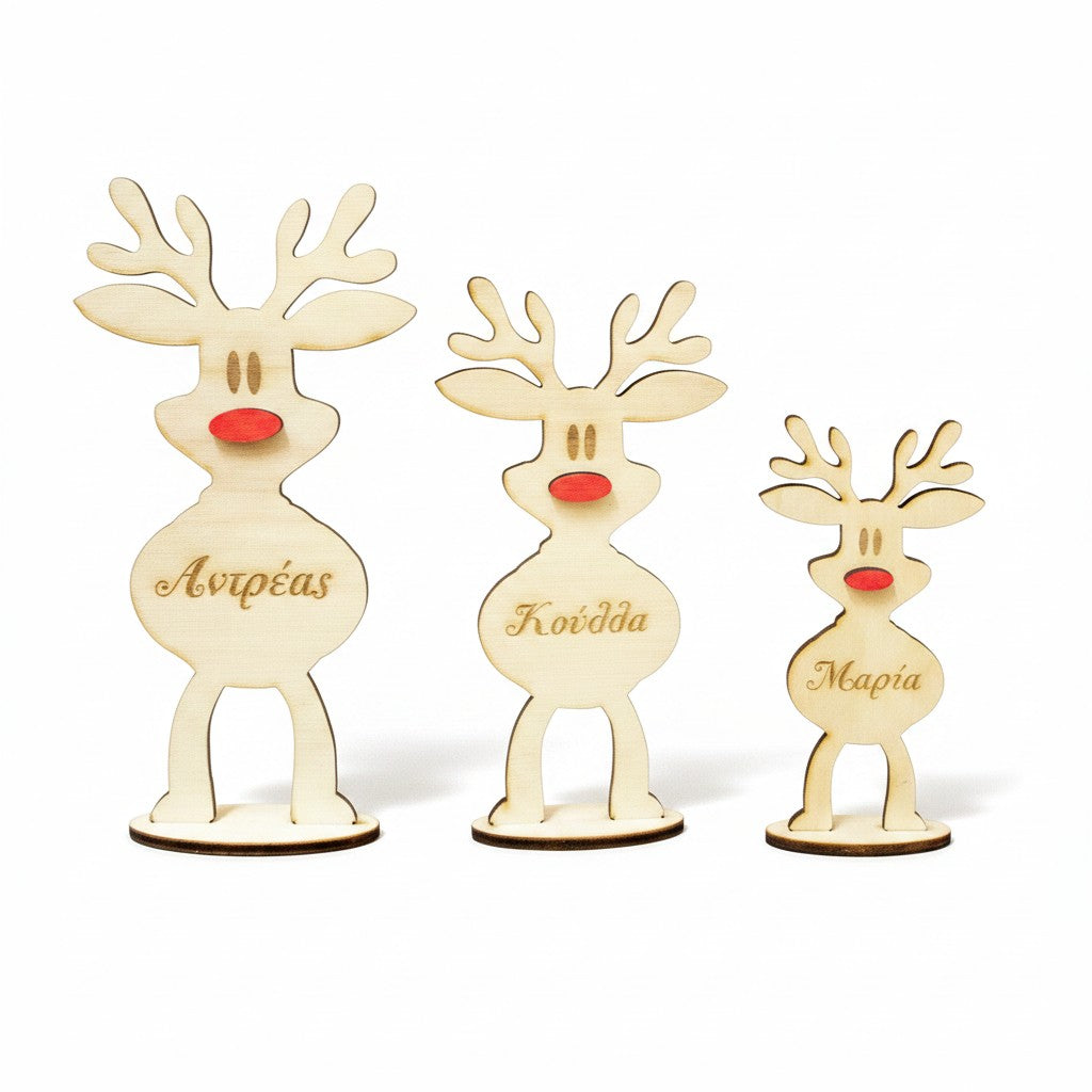 Wooderland custom engraved wooden reindeer ornaments in three sizes with red noses for Christmas home decor