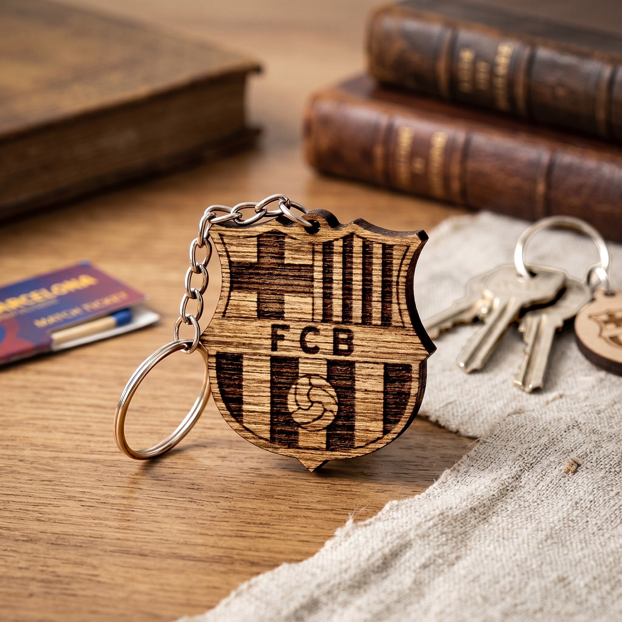 Wooderland custom wooden keyring featuring an engraved FC Barcelona sports team logo on a desk.