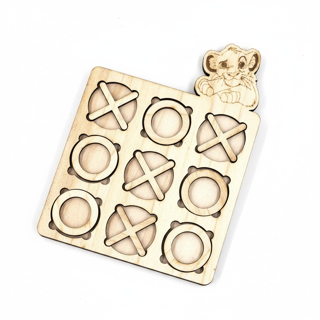 Wooderland custom wooden tic-tac-toe game board featuring a laser-engraved lion cub character on the corner