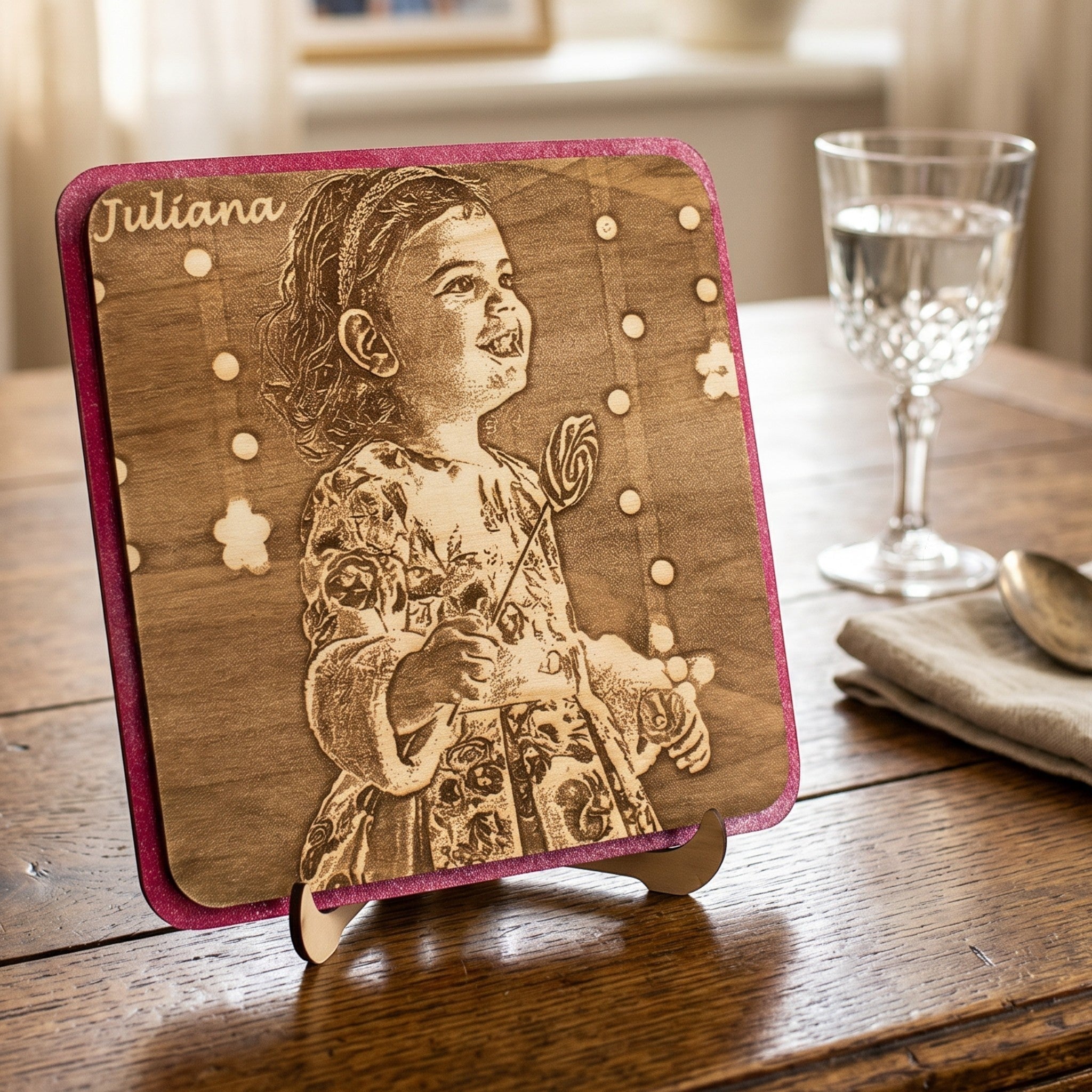 Wooderland double wooden photo portrait with pink trim, featuring a laser-engraved portrait of a girl on a wooden base.