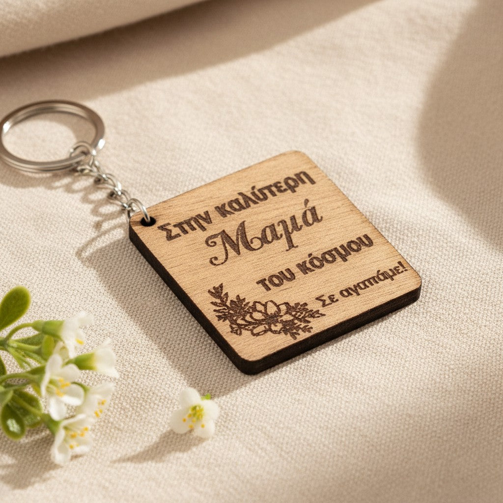 Wooderland Best Mom keyring made of light wood with engraved Greek text and floral detail on a beige fabric background