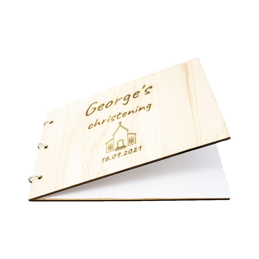 Wooderland personalized wooden christening wish book with engraved church design and date on A4 cover