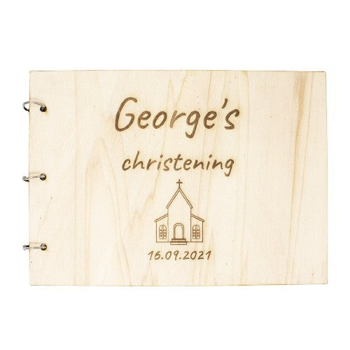 Wooderland personalized wooden christening wish book with engraved church design and child's name