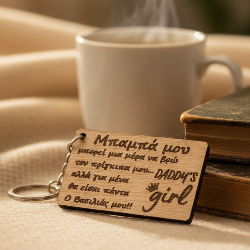 Wooderland wooden keyring with engraved Greek message and Daddy's girl text, resting on a table with books and coffee.